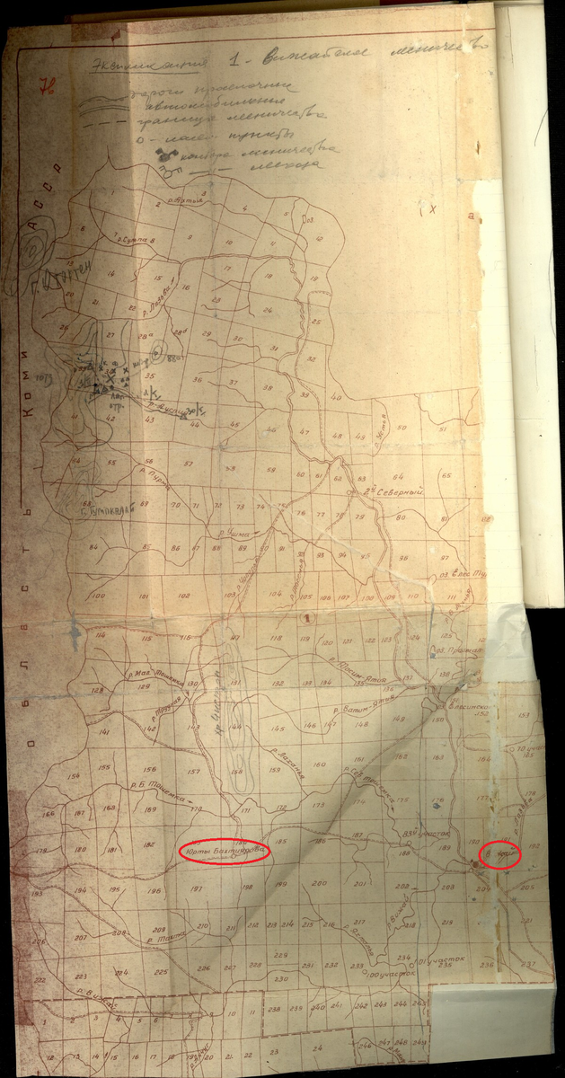 Карта Вижайского лесничества с пометками Масленникова (Лист 76 УД). На этой карте также была обозначена юрта Бахтиярова. 