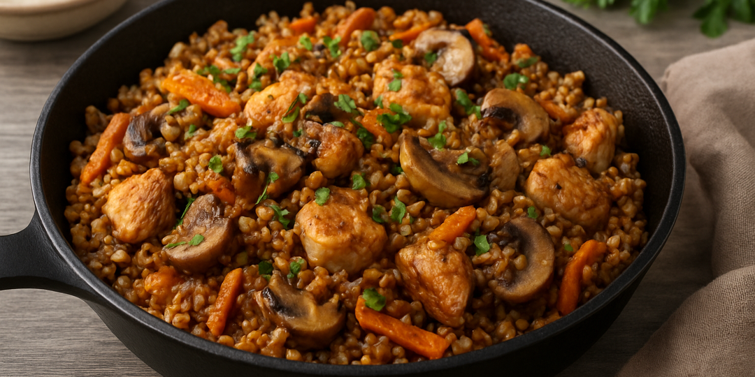 Гречка с курицей и грибами — простой ужин на одной сковороде