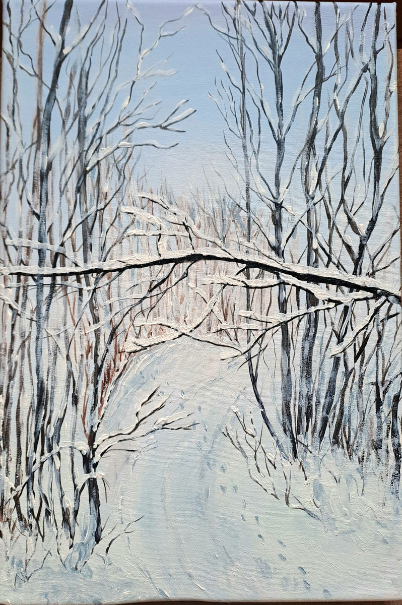 Холст 20×30, акрил "Следы в заснеженном лесу "