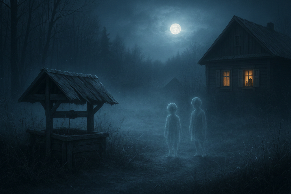 Старый каменный колодец на краю северной деревни ночью, лунный свет, туман, пустые дома с закрытыми ставнями и тревожная мистическая атмосфера.