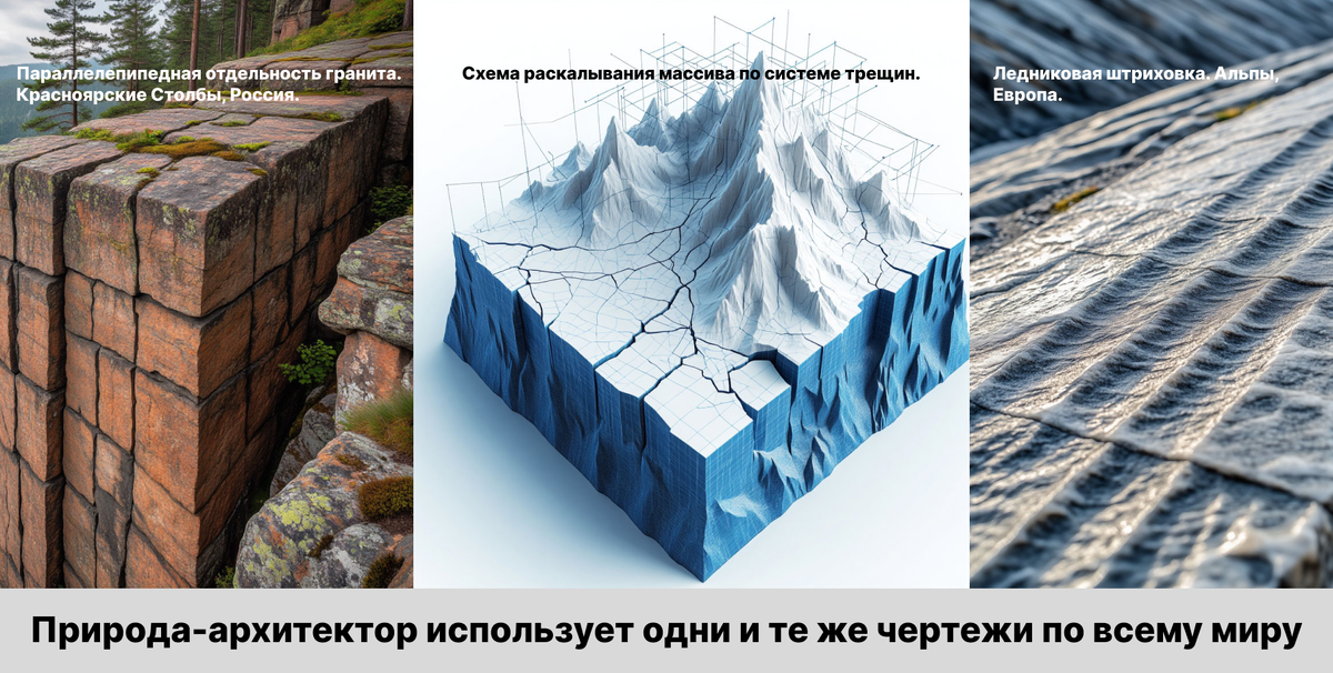 Авторский коллаж-сравнение, созданный для наглядной демонстрации единых геологических принципов. Изображения сгенерированы нейросетью по авторским запросам и собраны в единую композицию.