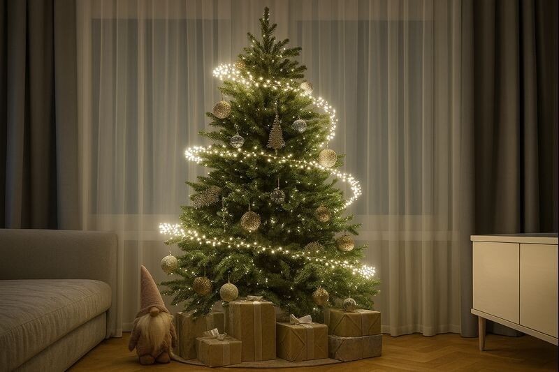 Парящая гирлянда выглядит так, будто огоньки висят в воздухе сами по себе и вообще не касаются елки. Источник: нейросеть📷
