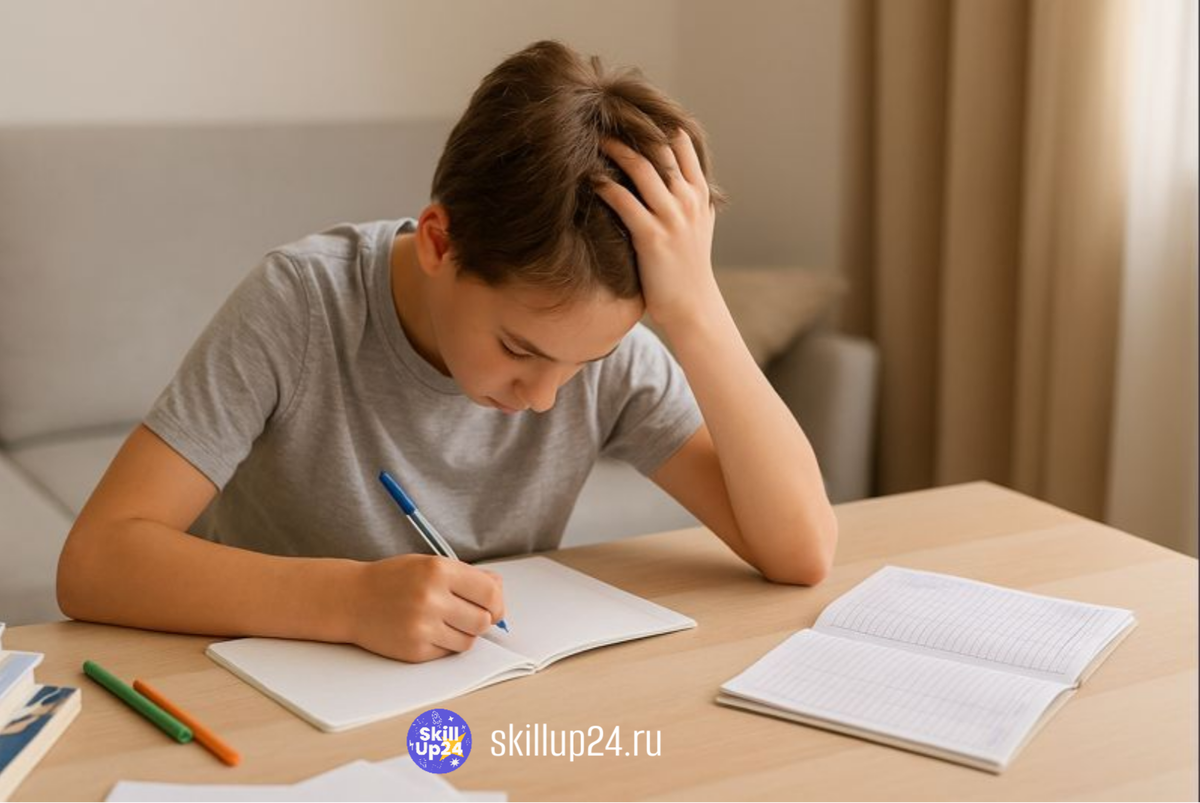 Уставший школьник сидит за письменным столом и делает уроки в конце четверти, открытая тетрадь и ручка, лёгкий беспорядок на столе, мягкий дневной свет создаёт спокойную атмосферу ответственности и возможности всё исправить — обложка статьи онлайн школы SkillUp24 для учеников из городов Астрахань, Барнаул, Владимир, Владивосток, Волгоград, Воронеж, Екатеринбург, Ижевск, Иркутск, Казань, Калининград, Кемерово, Киров, Краснодар, Красноярск, Липецк, Махачкала, Москва, Набережные Челны, Нижний Новгород, Новокузнецк, Новосибирск, Омск, Оренбург, Пенза, Пермь, Ростов-на-Дону, Рязань, Самара, Санкт-Петербург, Саратов, Сочи, Томск, Тольятти, Тула, Тюмень, Уфа, Ульяновск, Хабаровск, Чебоксары, Челябинск, Ярославль.Как закрыть четверть без двоек, исправить оценки в четверти, что делать если двойка в школе, как повысить оценки ребёнку, конец четверти оценки, как закрыть полугодие без двоек, плохие оценки в школе что делать, как повысить средний балл, помощь школьнику в конце четверти