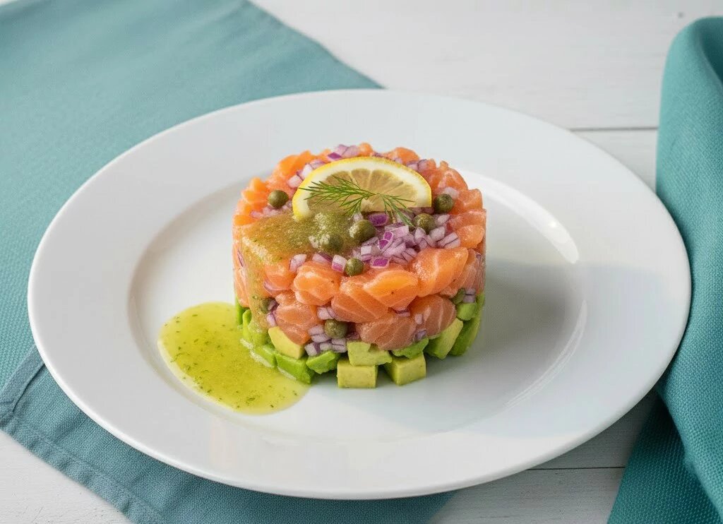 nартар из красной рыбы с авокадо и каперсами