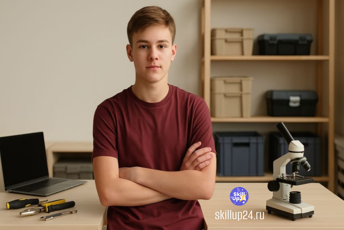 Подросток стоит в учебной мастерской рядом с ноутбуком, инструментами и лабораторным оборудованием, символ выбора после 9 класса — колледж или техникум, новый этап и профессиональное будущее; реалистичная обложка статьи онлайн школы SkillUp24 для школьников из городов Астрахань, Барнаул, Владимир, Владивосток, Волгоград, Воронеж, Екатеринбург, Ижевск, Иркутск, Казань, Калининград, Кемерово, Киров, Краснодар, Красноярск, Липецк, Махачкала, Москва, Набережные Челны, Нижний Новгород, Новокузнецк, Новосибирск, Омск, Оренбург, Пенза, Пермь, Ростов-на-Дону, Рязань, Самара, Санкт-Петербург, Саратов, Сочи, Томск, Тольятти, Тула, Тюмень, Уфа, Ульяновск, Хабаровск, Чебоксары, Челябинск, Ярославль.Колледж после 9 класса, СПО 2025 статистика, техникум после 9 класса, куда пойти после 9 класса, среднее профессиональное образование, популярные колледжи 2025, профессии после колледжа, поступление в колледж, СПО или школа, колледжи России статистика