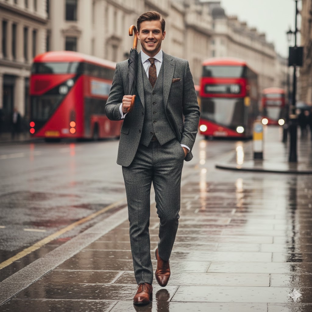 Описание Яна в книге: зонт-трость, серый костюм-тройка, узконосые рыжие туфли