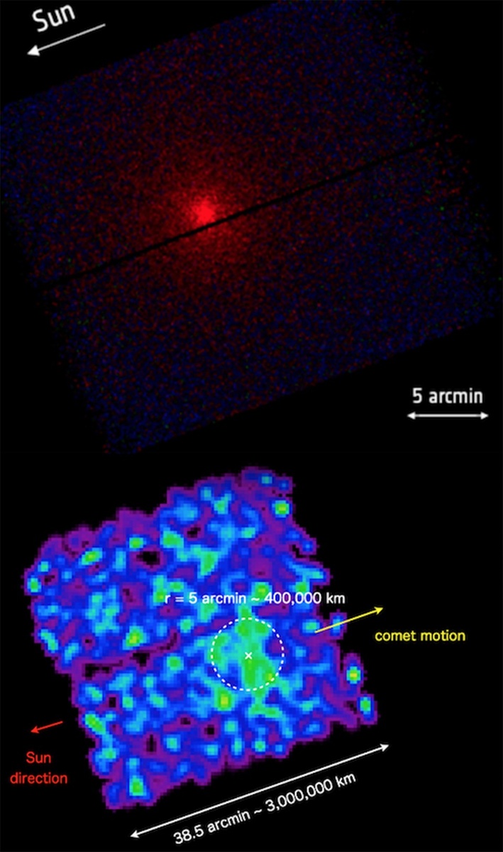    Визуализация рентгеновского излучения «пришельца» на европейском (вверху) снимке и на японском.