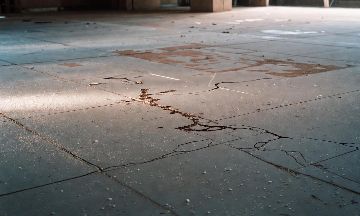 Фото 1: Осмотр старого пола с трещинами и грязью