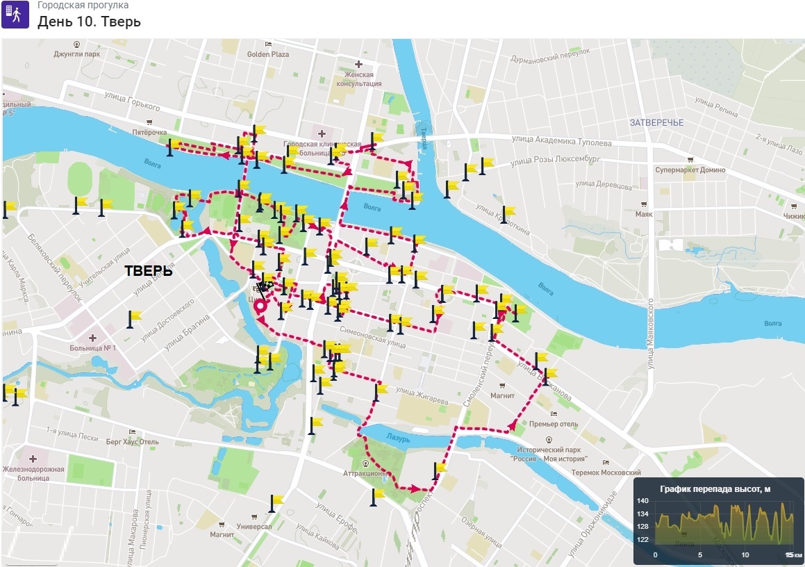 День 10. Схема пешеходного маршрута в Твери (день 1).