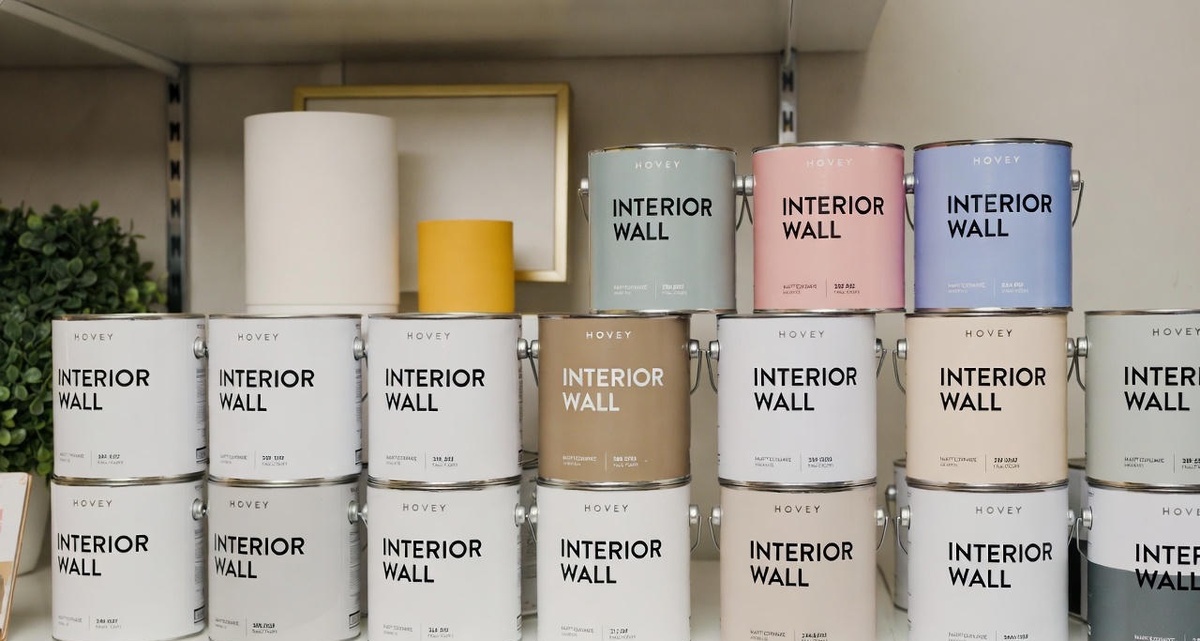 Фото 1: Разные банки красок на полке в магазине