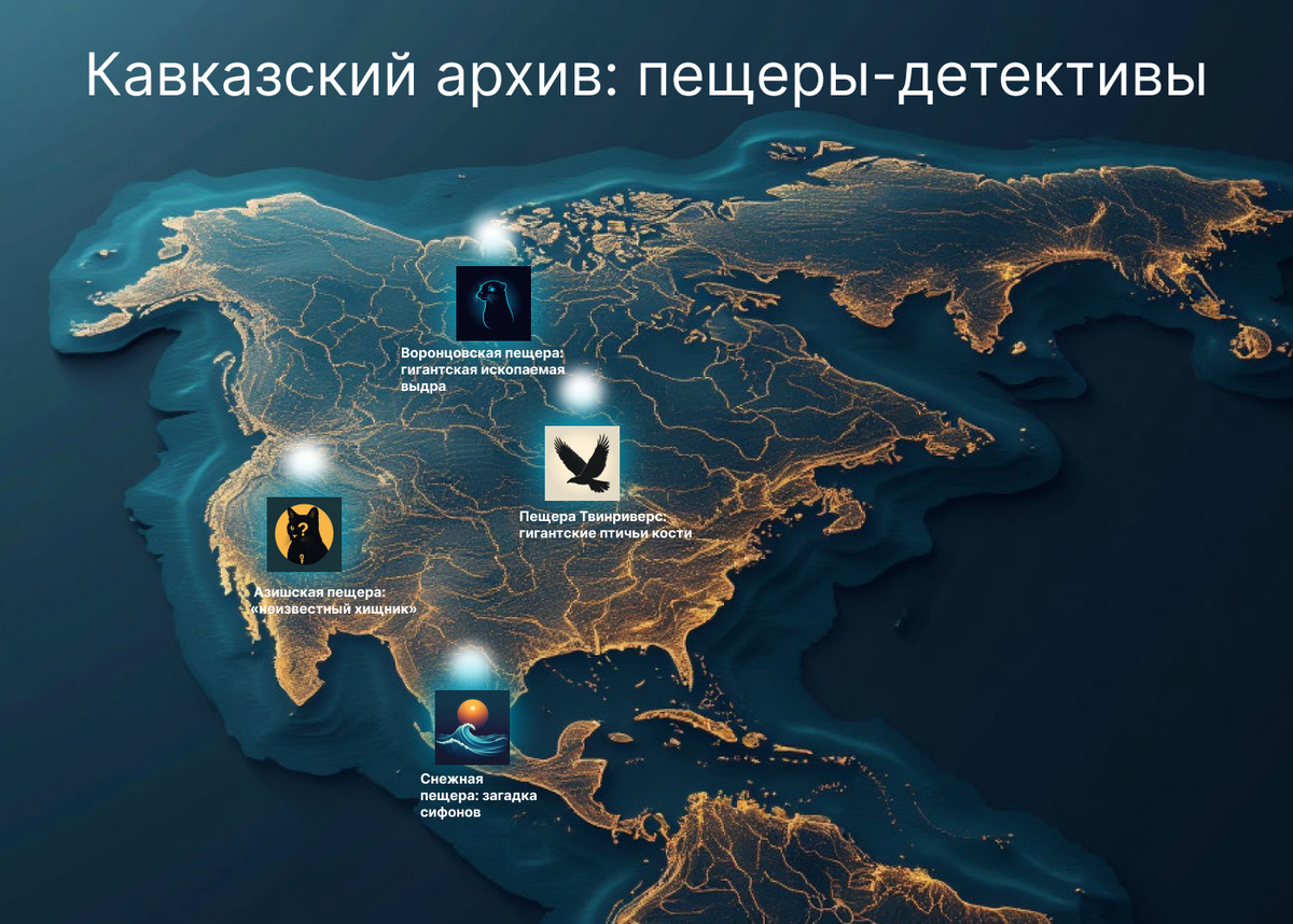 Авторская карта-схема «Кавказский архив», созданная для визуализации локаций палеонтологических загадок. Картографическая основа стилизована, графические элементы созданы для наглядности.