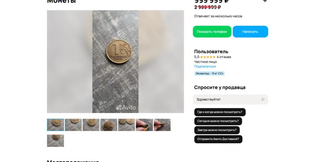 "Счастливый рубль" за 999 999 рублей выставлен на продажу в Воронеже