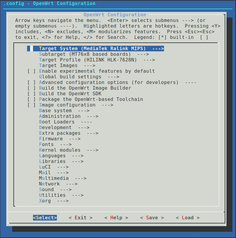 Меню конфигурирования системы.