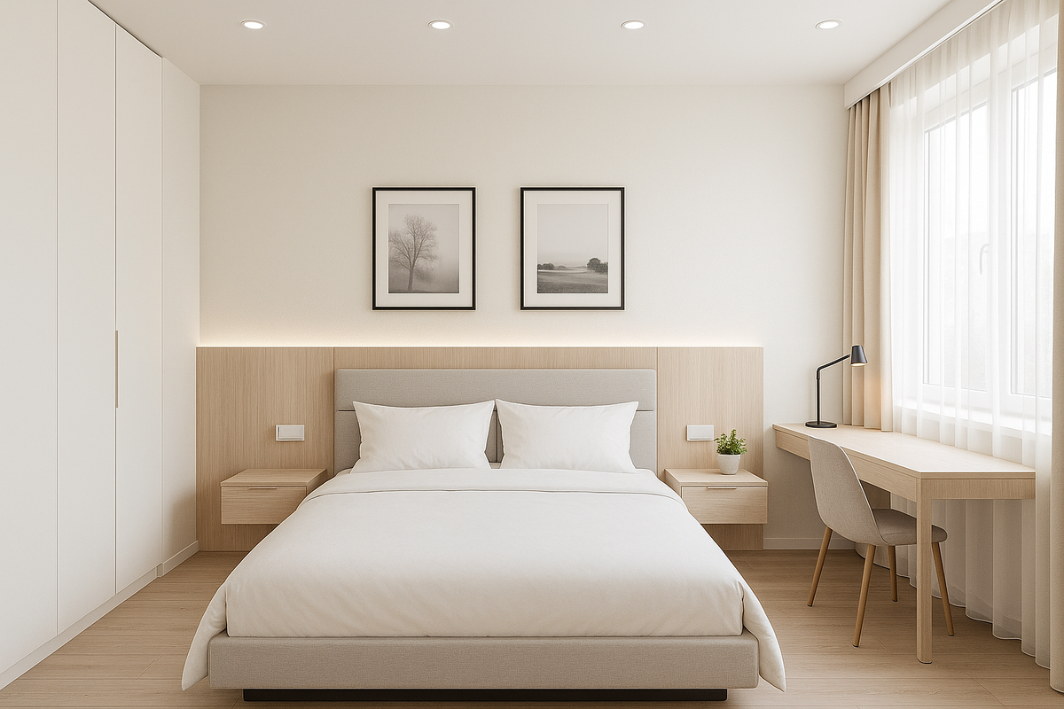 Спальня «под сдачу» в панели: светлая палитра, блэкаут для белых ночей и практичность на годы