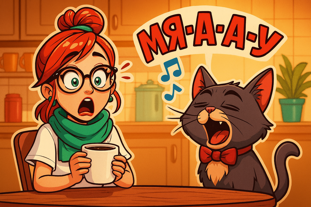 Иллюстрация создана автором с помощью нейросети специально для статьи
"Британский кот в галстуке демонстрирует осознанное общение с хозяйкой: протяжное мяуканье с интонацией во время утреннего кофе как пример межвидовой коммуникации"