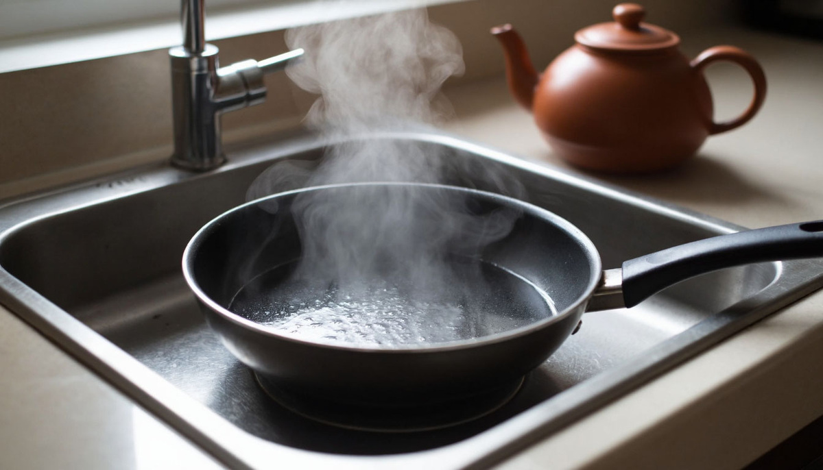 Сковорода в раковине с водой, пар от чая
