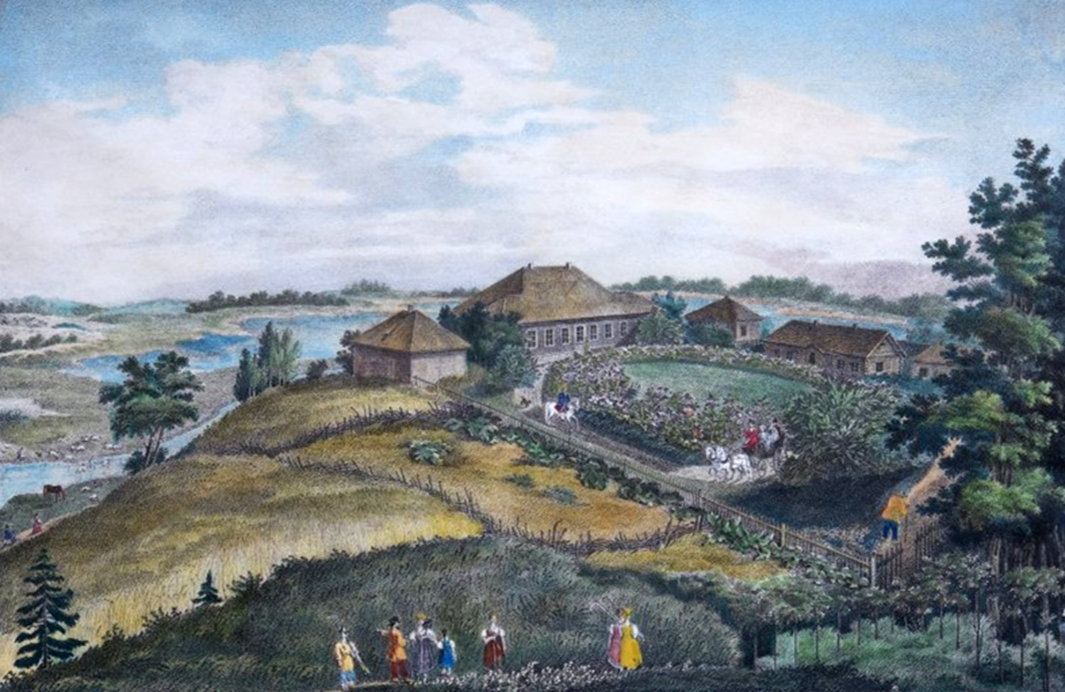 Сельцо Михайловское. Литография П.А. Александрова по рисунку И.С. Иванова. 1837–1838 гг.