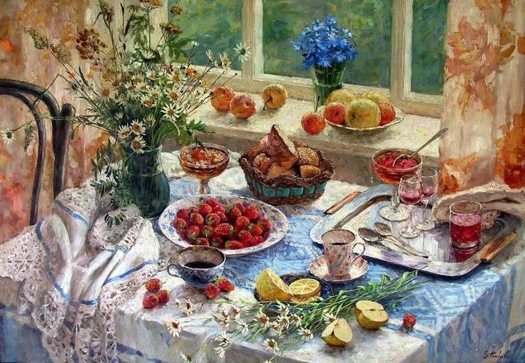 За таким столом так здорово собираться самым близким. Художник картины Елена Петрова