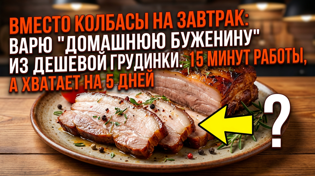 Вместо колбасы на завтрак: варю "Домашнюю буженину" из дешевой грудинки. 15 минут работы, а хватает на 5 дней
