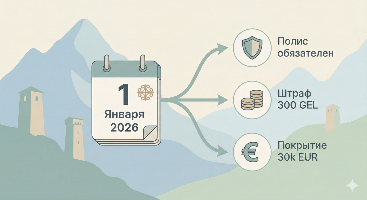 Обязательная страховка в Грузию 2026 требования и штрафы инфографика.