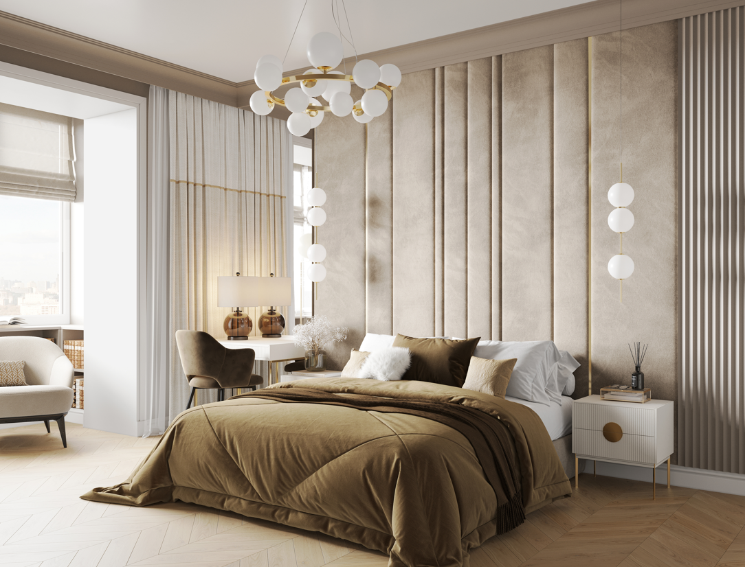 Спальная группа ANDREA в интерьере: мягкие стеновые панели «Листовые» и кровать «Империя»