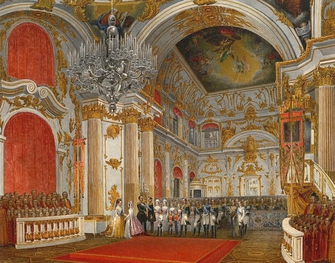 Свадьба наследника цесаревича Александра Николаевича и великой княгини Марии Александровны в Большой церкви Зимнего дворца 16 апреля 1841 года. Акварель. Государственный Эрмитаж.