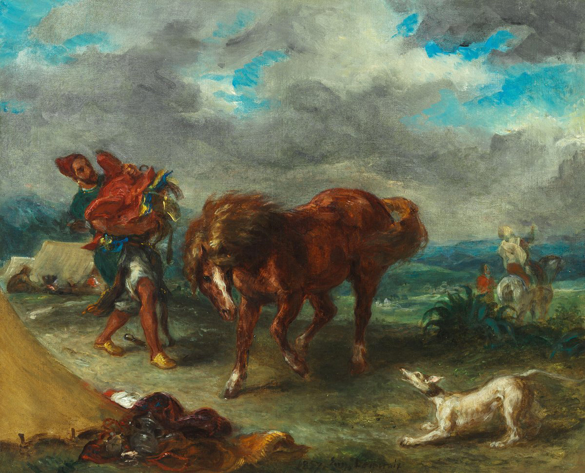 Араб, седлающий лошадь