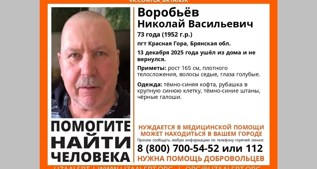 В Брянской области пропал 73-летний Николай Воробьёв