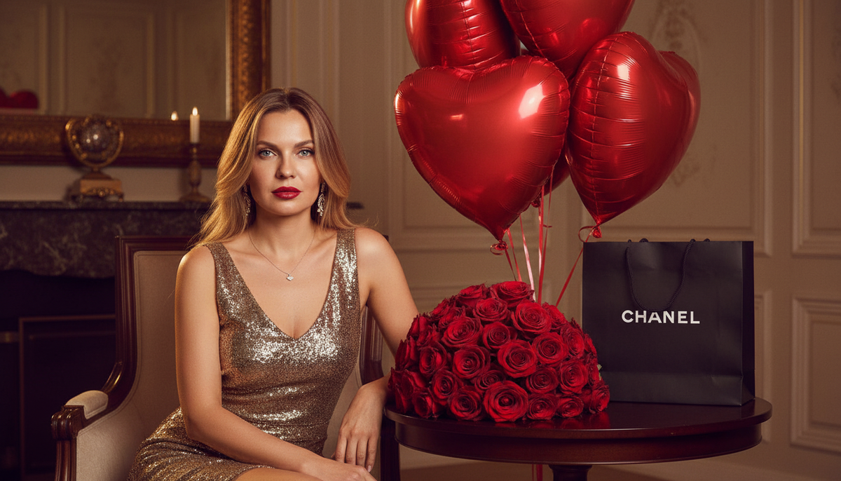 High-fashion Vogue editorial scene with a glamorous woman sitting in a chic interior. Behind her float glossy red heart-shaped balloons that reflect warm studio lighting. She wears an elegant shimmering cocktail dress, jewelry, and bold red lipstick. On the table in front of her lies a large, perfectly arranged bouquet of deep red roses, next to a sleek black CHANEL gift bag. The atmosphere is romantic, luxurious, and refined. Soft shadows, warm tones, premium beauty lighting, ultra-detailed 8K, magazine-quality photography.