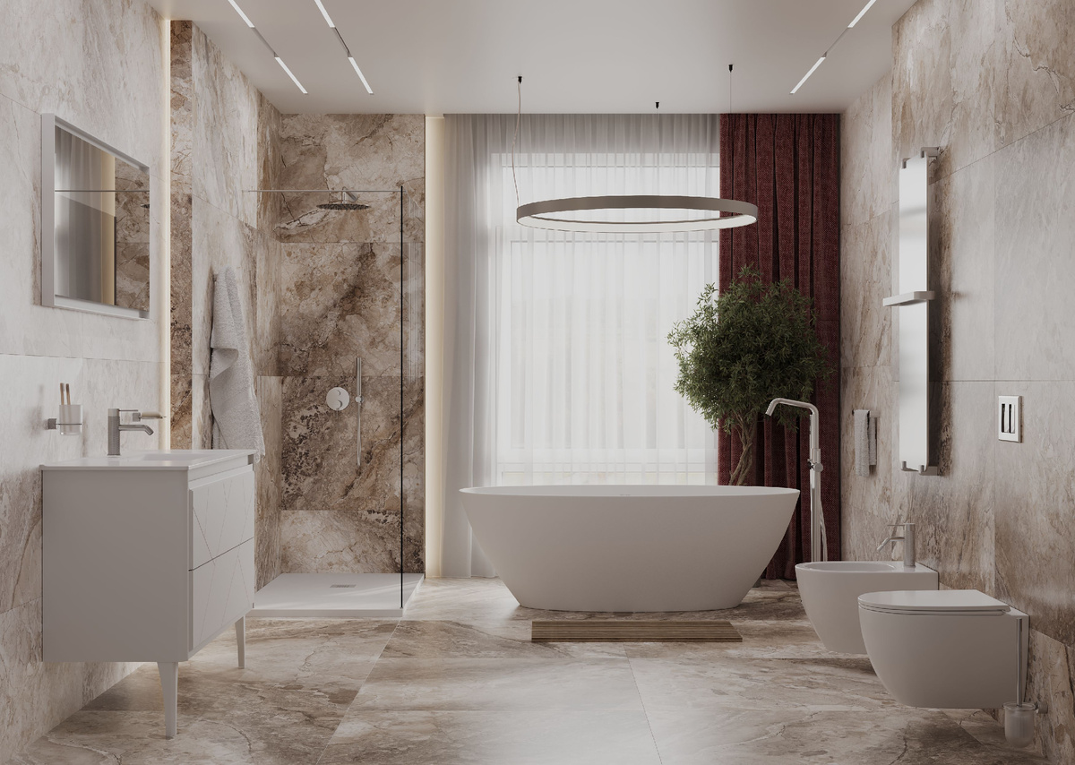 Интерьер ванной комнаты с сантехникой и мебелью Allen Brau из колллекции Paris