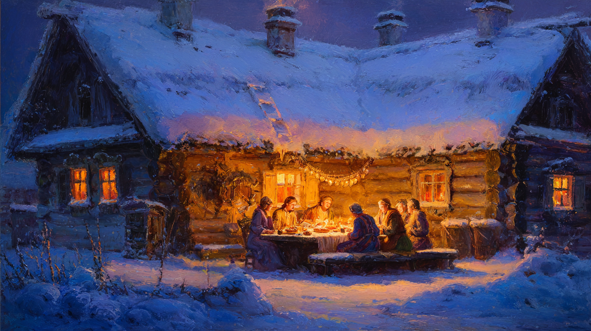 В одном дыхании затаилась деревня: тёплый свет избы, тихое семейное таинство, ожидание чуда. Всё словно на грани — вот-вот в зимней ночи родится новое солнце.