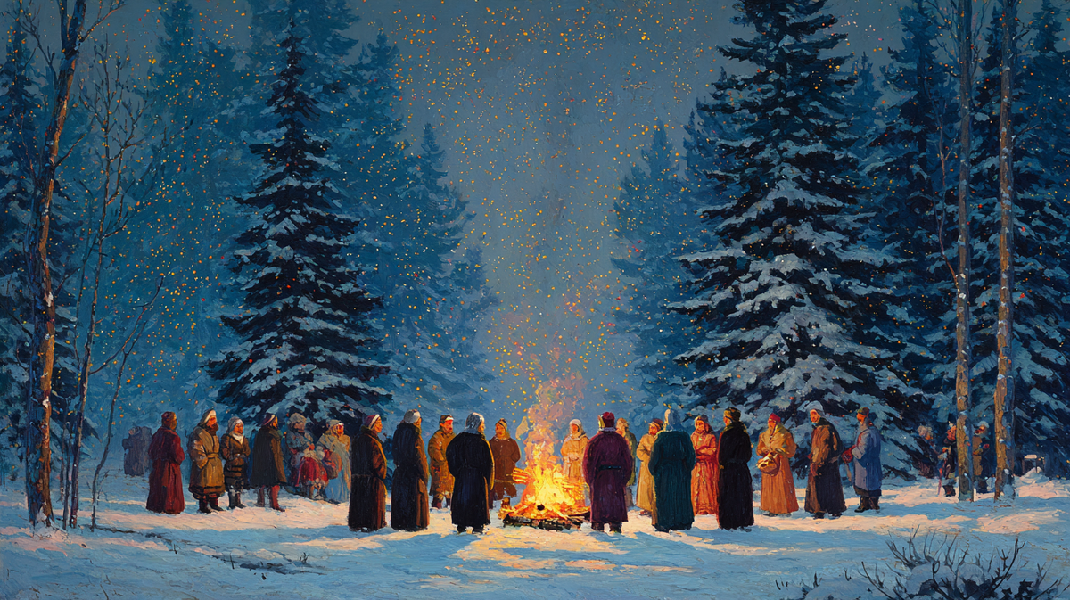 В безмолвии леса собрались предки и потомки. В ночной тьме вспыхивает Коляда — огонь нового света, разбрасывая искры надежды вверх, прямо в звёздное небо.