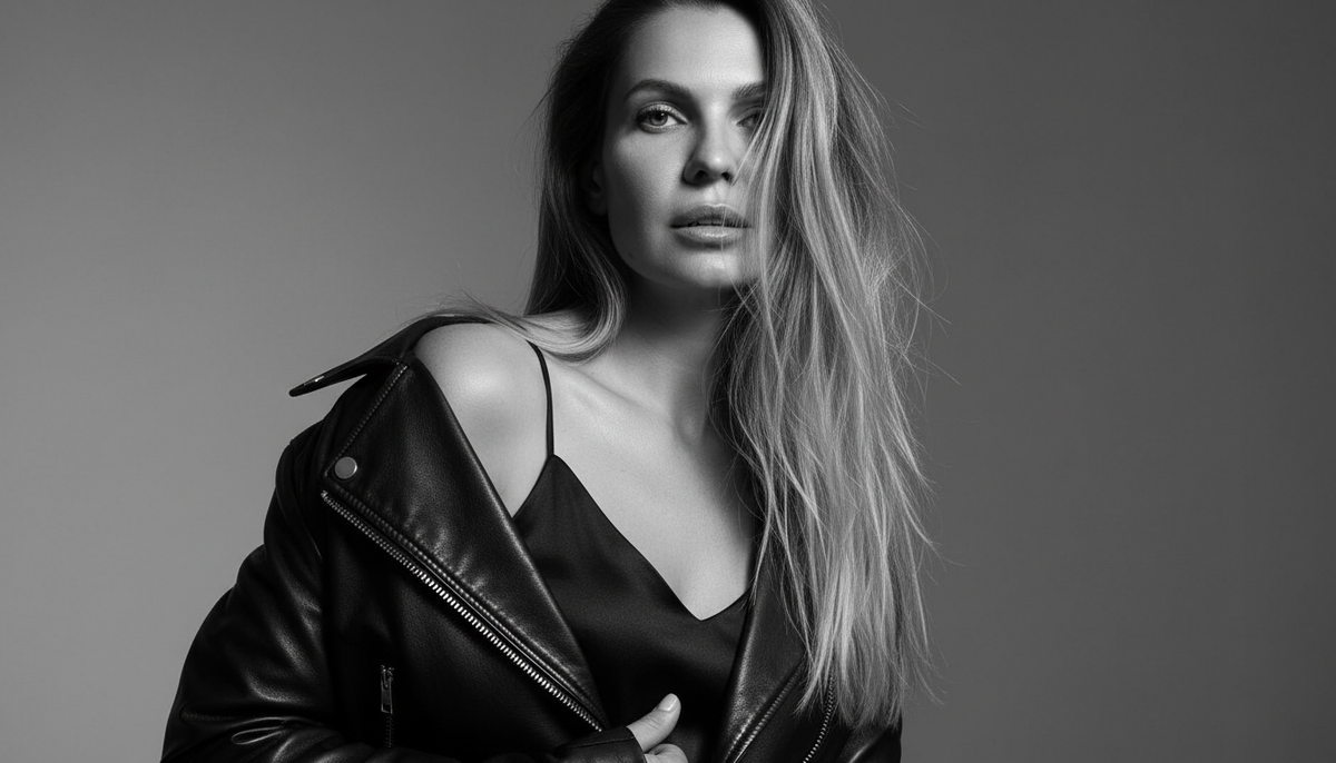 high-fashion editorial portrait, elegant model in a stylish leather jacket, slightly undone look, expressive face, soft cinematic lighting, glossy skin texture, refined makeup, strands of hair falling naturally, sensual yet classy pose, dramatic shadows, luxury magazine aesthetic, studio backdrop, medium close-up, sharp focus on facial features, fine details, professional retouching, Vogue / Elle cover style, high contrast black-and-white photography, artistic mood, premium beauty photography, 85mm lens, f/1.8, ultra-realistic
