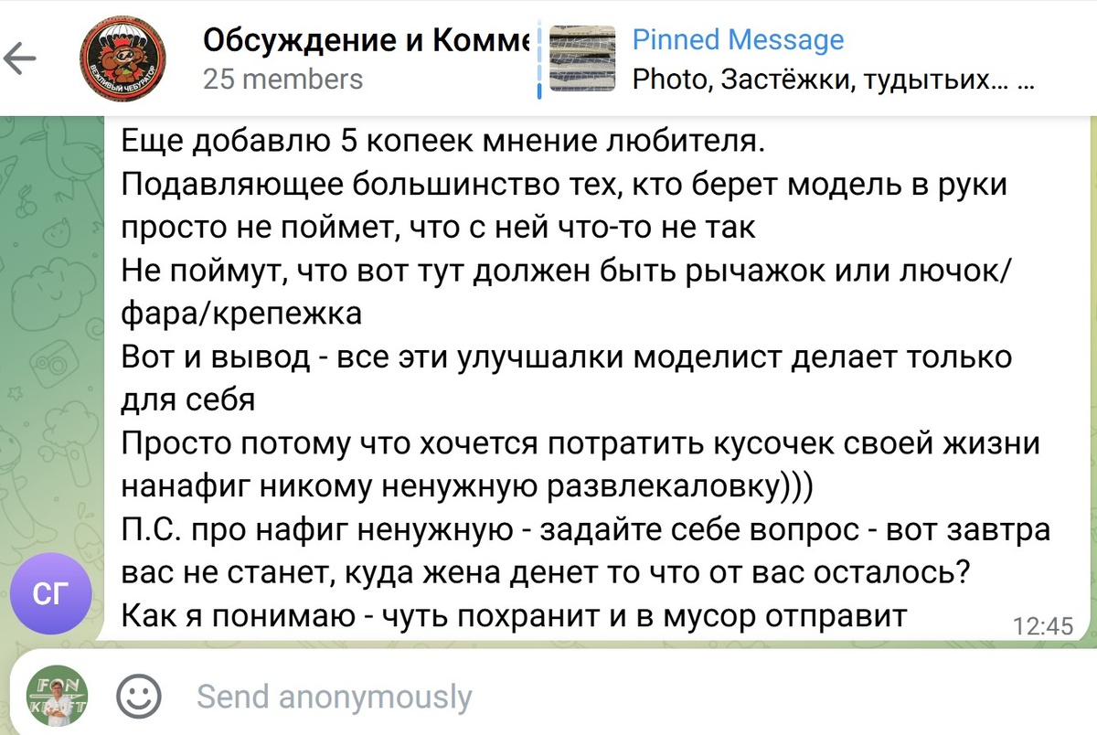 Скрин из ТГ-чата "Обсуждение и Комментарии" © 2025 год