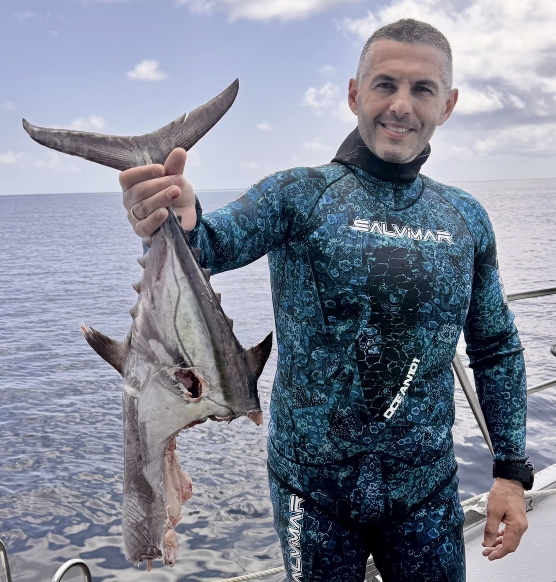 Акула откусила большую часть тунца у товарища 