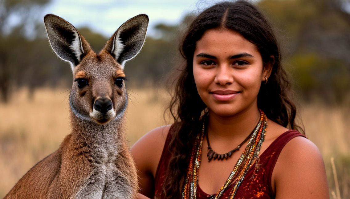 Сгенерировано с помощью нейросети Шедеврум. Австралийская аборигенка и кегуру.
