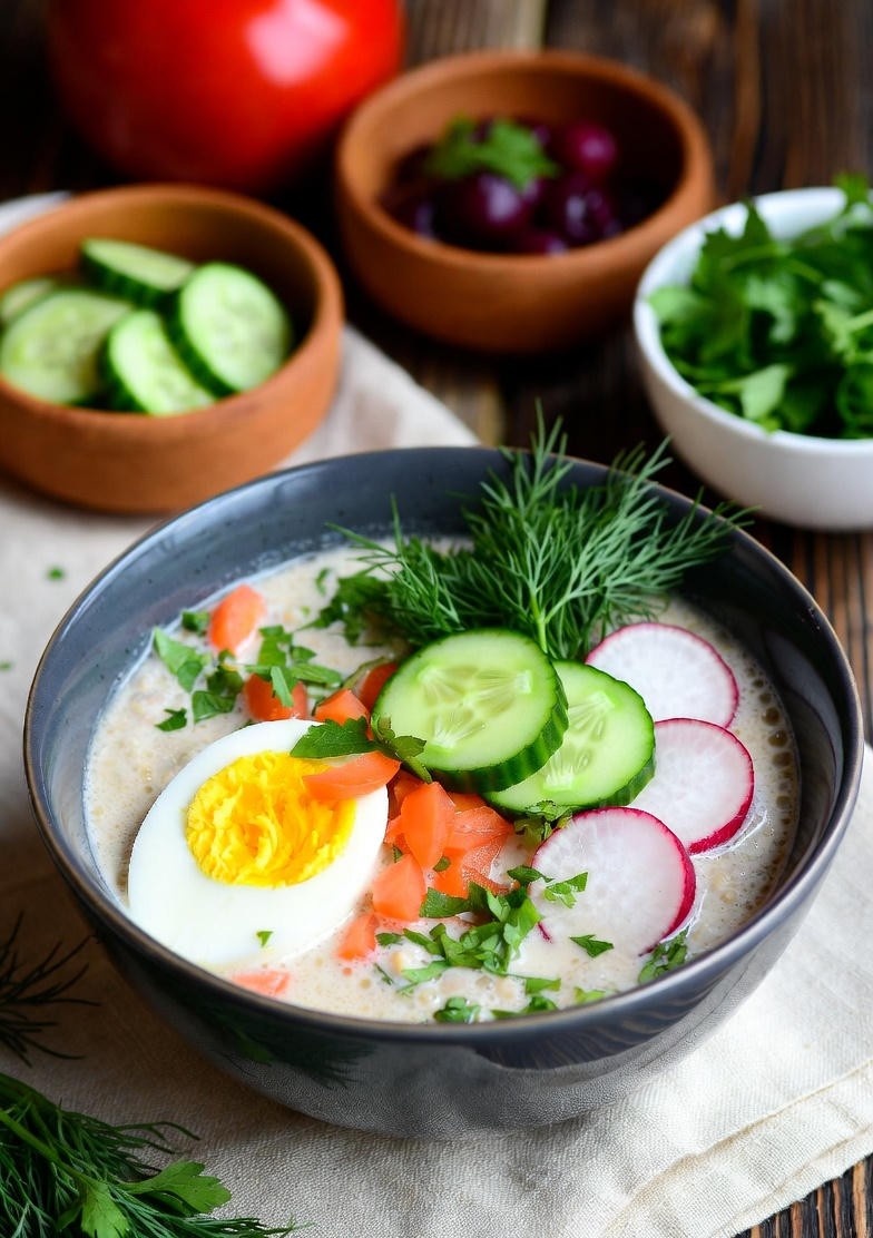 Лето на дворе или просто жарко? Тогда забудь про горячие супы. Окрошка на квасе — это холодный суп, который идёт на ура: лёгкий, хрустящий, сытный. Готовится за 20 минут, если всё нарезать заранее.
На 4–6 порций.
Что берём:

Квас хлебный несладкий — 1,5–2 литра (холодный из холодильника)
Колбаса варёная или ветчина — 300–400 г
Картошка варёная — 4–5 шт.
Огурцы свежие — 3–4 шт.
Редис — 10–15 шт.
Яйца варёные — 5–6 шт.
Зелень (укроп, зелёный лук, петрушка) — большой пучок
Сметана — 200–300 г
Соль, чёрный перец — по вкусу
Горчица или хрен — по желанию, для остроты

Как готовить:

Картошку и яйца свари заранее, остуди. Всё нарежь мелкими кубиками: колбасу, огурцы, редис, картошку, белки и желтки отдельно.
Зелень мелко поруби. В большой кастрюле или миске смешай все нарезанные ингредиенты, посоли, поперчи и добавь немного горчицы, если любишь поострее.
Залей холодным квасом, добавь сметану, перемешай. Попробуй — если мало соли или кисло — подправь.

Разливай по тарелкам, ешь ложкой, запивай остатками кваса.
Жри холодной и прохлаждайся.
УСТЫЙ ШЕФ рекомендует.
Хочешь ещё — курицу в духовке, драники или что-то сладкое? Говори, придумаю!