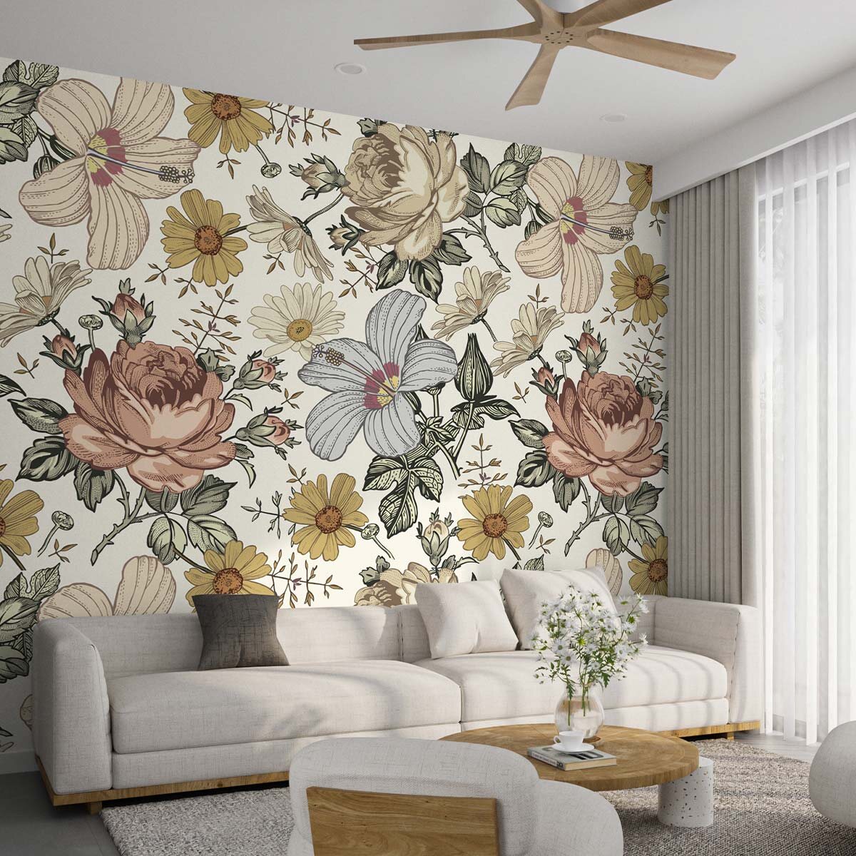 Пример интерьера с мобильной меблировкой. Отделка стены - флизелиновые фотообои VEROL. Артикул на WB: 316444209.