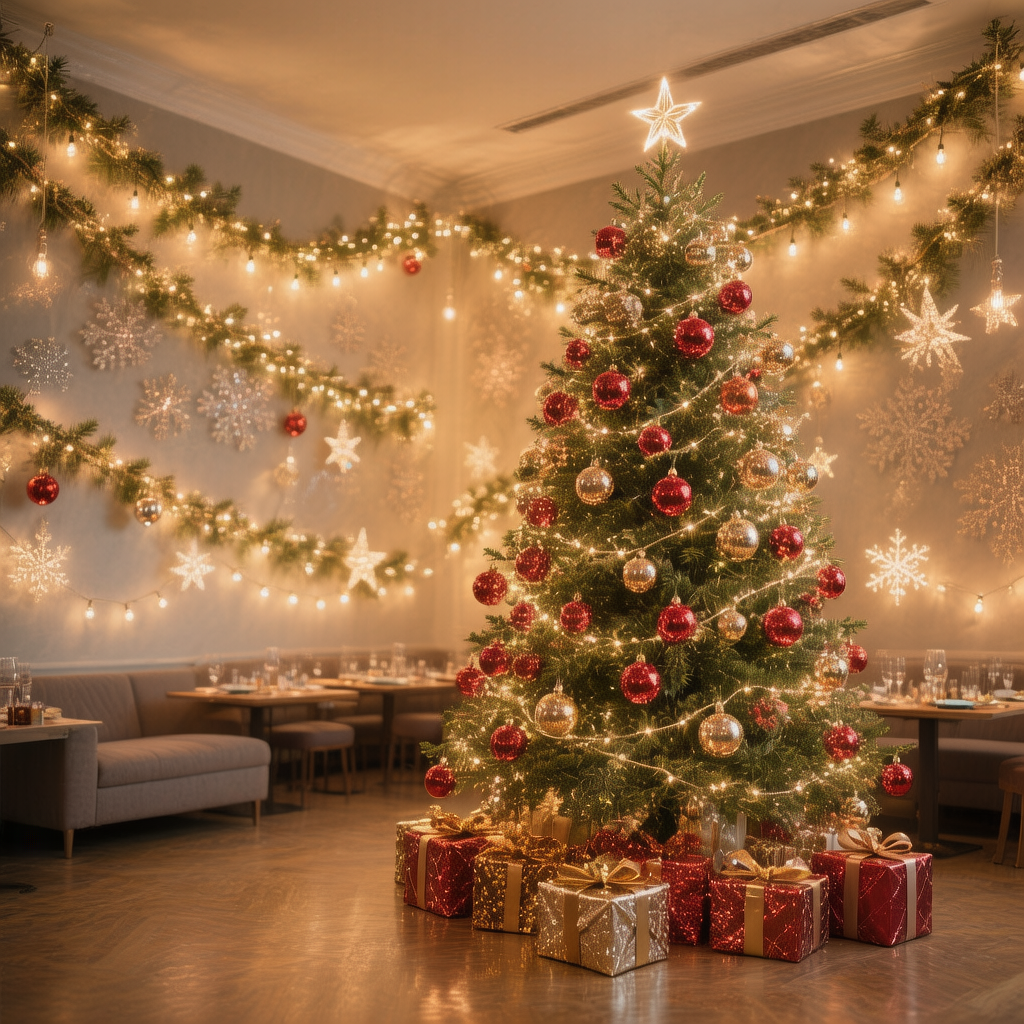 Промт для ИИ: помещения, полностью оформленный для новогоднего корпоратива с елкой, гирляндами и украшениями на стенах.Ввысокое качество, 8k. реализм.