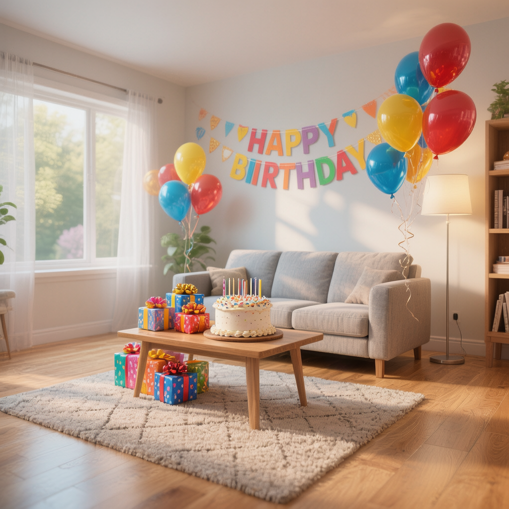 Промнт для ИИ: Реалистичный эскиз гостиной комнаты, украшенной тематической атрибутикой для Дня рождения ребенка. Фотореализм, качество 8к