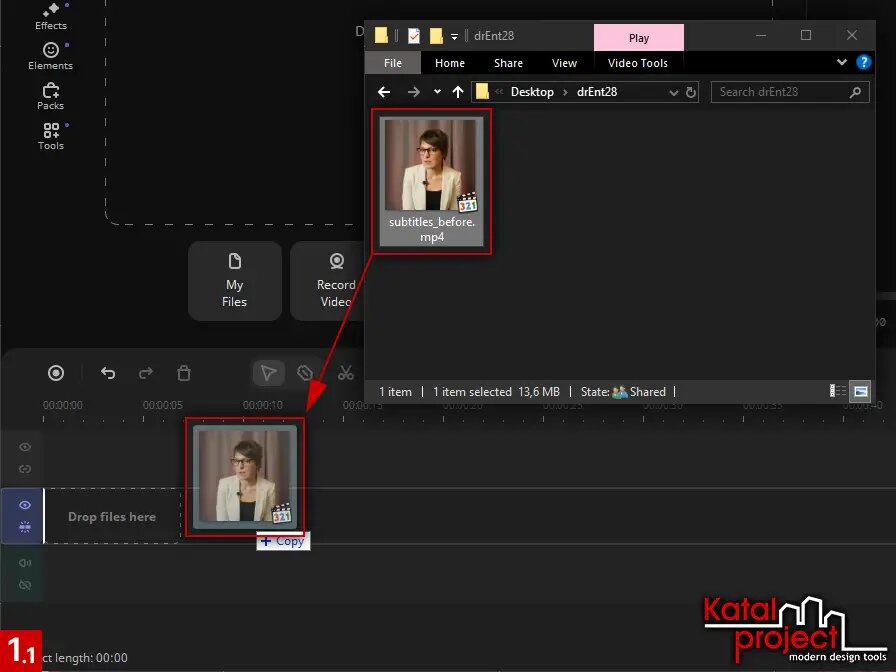 Перетаскивание исходного видеофайла из Проводника Windows на монтажный стол