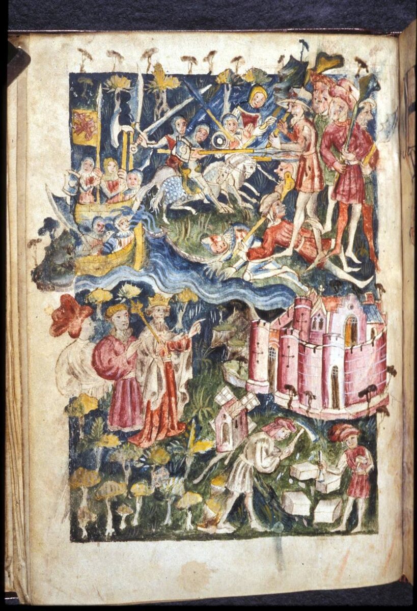 Прибытие Брута в Англию, убийство великанов и строительство новой Трои. Иллюстрация из «Истории королей Британии» Гальфрида Монмутского. 1400–1415. Британская библиотека, Лондон