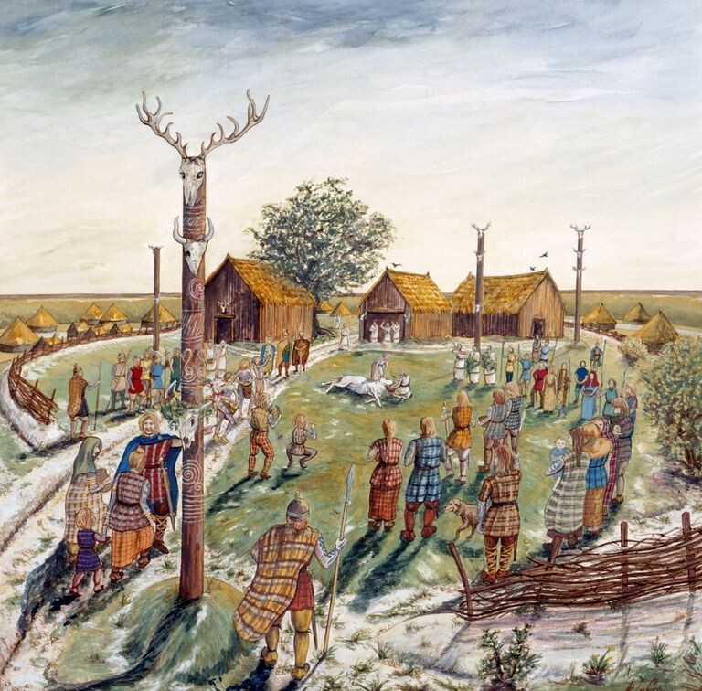 Художесвтенная реконструкция городища в Дейнбери II века до н.э. Художник – Карен Гаффогг (англ. Karen Guffogg)