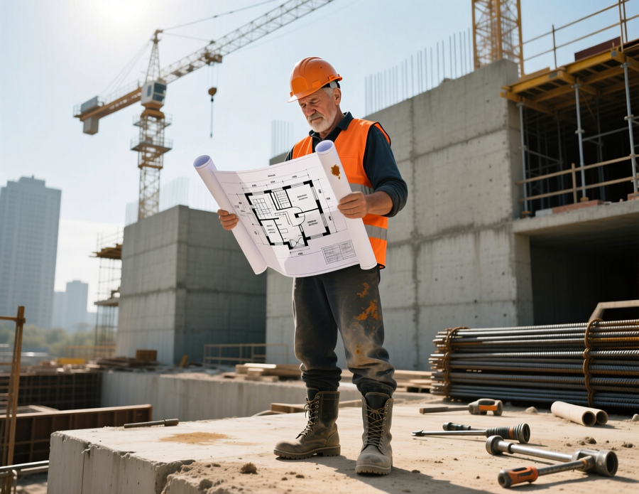 Подрядчик на стройке смотрит план работ