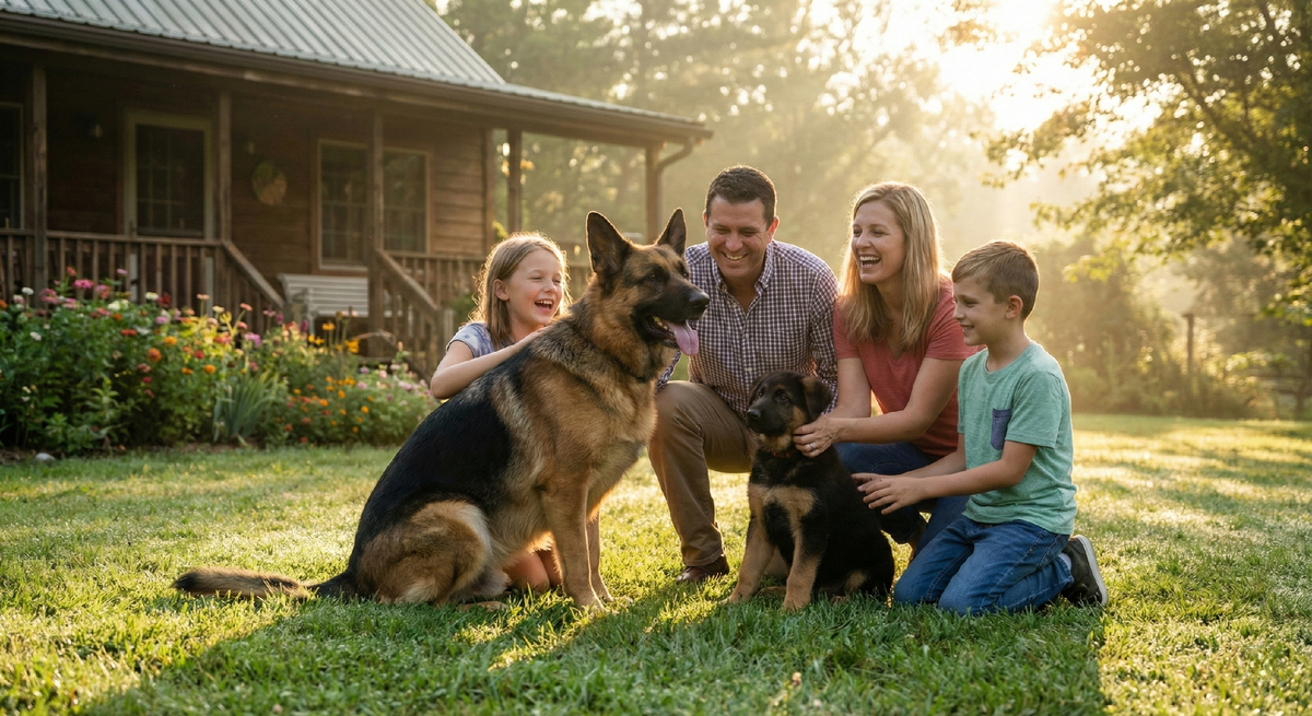 Счастливая семья с двумя немецкими овчарками — взрослой и щенком — играет на зелёной лужайке у дома. Добрые отношения между людьми и питомцами, настоящее семейное счастье и долгожительство любимых собак.