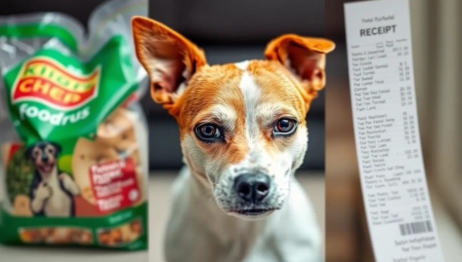 Мешок дешёвого корма, чек от ветеринара и собака.