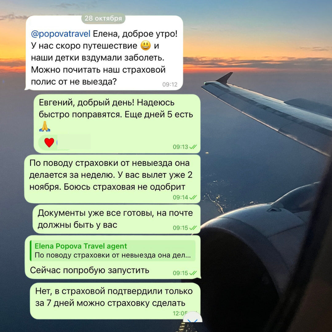 Переписка с туристами за несколько дней до вылета. Полис от невыезда оформить уже было нельзя.