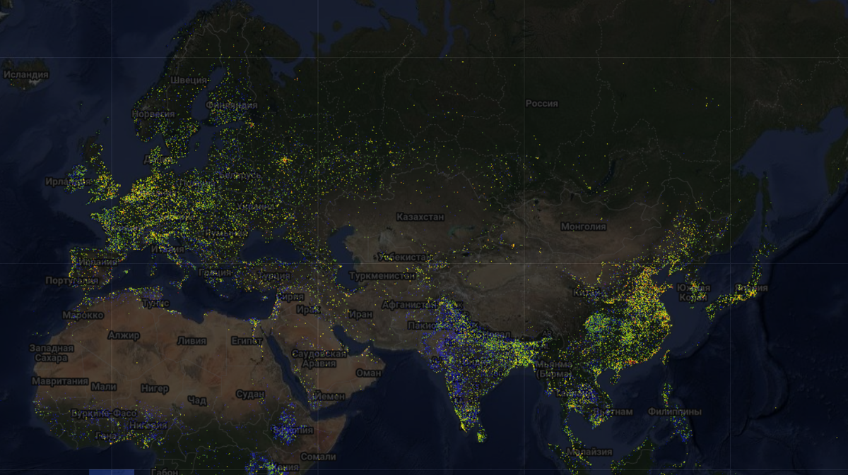 По карте всех зданий видно, какие территории заселены (и застроены) плотнее всего. Это Азиатско-Тихоокеанский регион, Индостан, северо-запад Европы, юг Британии. В России самой яркой точкой стала Москва. Огромные пространства на севере Африки, Аравийском полуострове, в Центральной Азии, Монголии и Китае практически не заселены, фото:tubvsig-so2sat-vm1.srv.mwn.de