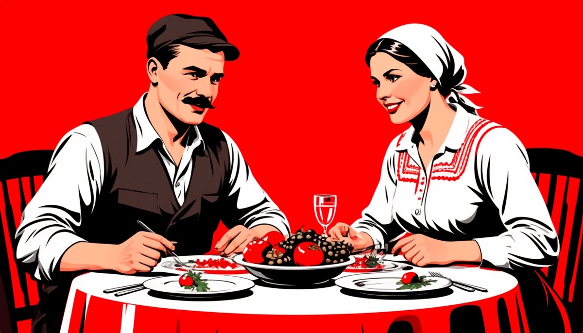 Рабочий и крестьянка за Новогодним столом