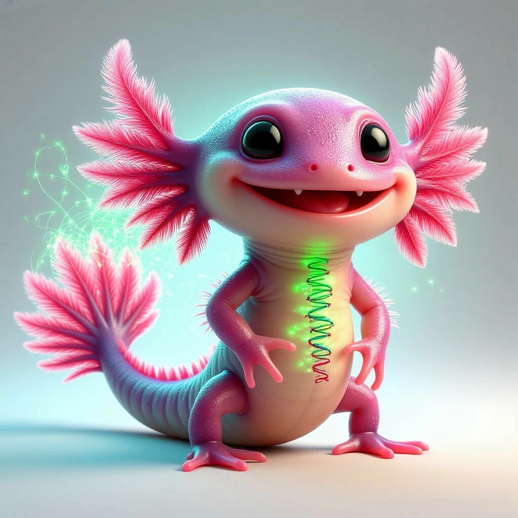 🦎 Улыбчивый аксолотль — чемпион регенерации. Может не только отрастить лапу, но и «позаимствовать» черты через ДНК!